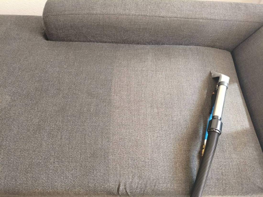 Extraktionsreinigung eines grauen Sofas
